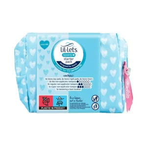 Lil-Lets Teens Starter Pack with pads, liners and non-applicator tampons for teen girls starting their periods.