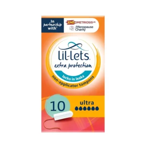 A pack of ten Lil-Lets Ultra non-applicator tampons, designed for extremely heavy flow with a plant-based core and discreet design.