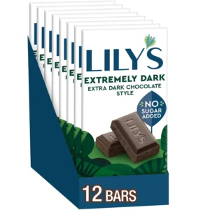 Twelve Lily's Extremely Dark Chocolate bars made with 85% cocoa and stevia, perfect for low-carb and keto diets.