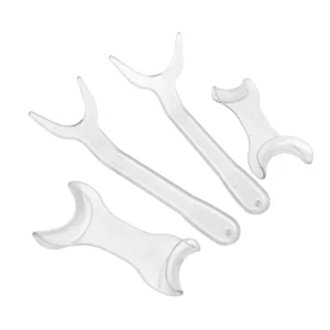 A set of four lip and cheek retractors for dental and orthodontic use to keep the mouth open during teeth procedures.