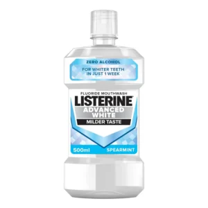 A one-liter bottle of Listerine Advanced White Milder Taste mouthwash, an alcohol-free fluoride mouthwash that whitens teeth and protects against new stains.