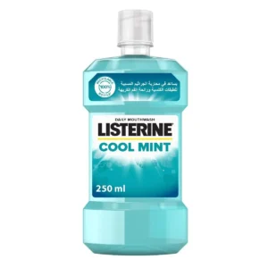 Listerine Cool Mint mouthwash kills 99% of bad breath germs, reduces plaque, protects gums, and freshens breath with a mint flavour in a recyclable bottle.