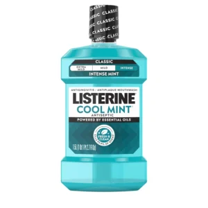 A 1.5-liter bottle of Listerine Cool Mint Antiseptic Mouthwash kills germs that cause bad breath, plaque, and gingivitis, providing a refreshing mint flavor for a cleaner and healthier mouth.