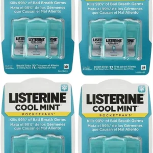 A package of Listerine Cool Mint Pocketpaks breath strips, a refreshing mouthwash alternative by Listerine, offering 288 strips for fresh breath.