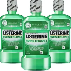 Listerine Fresh Burst mouthwash helps prevent plaque, fight bacteria, reduce gum disease risk, and freshens breath.