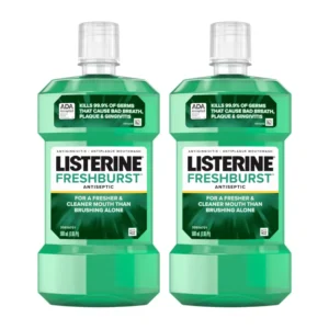 Two bottles of Listerine Freshburst antiseptic mouthwash, in spearmint flavor, that kills germs to fight bad breath, plaque, and gingivitis.
