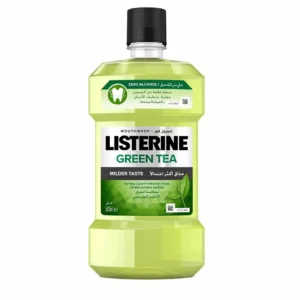 Bottle of Listerine Green Tea Mouthwash, a refreshing oral rinse for a cleaner mouth.