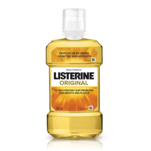 A bottle of Listerine Original Mouthwash by Listerine, a liquid solution to kill 99.9% of germs and freshen breath.