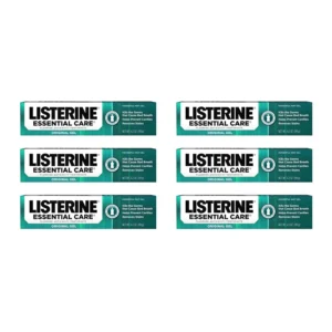 Six-pack of Listerine Essential Care fluoride toothpaste in original gel, providing cavity prevention, enamel strengthening, and fresh breath with a powerful mint flavor.
