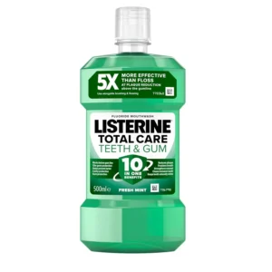 Listerine Total Care mouthwash in a 500ml bottle offers 10-in-1 benefits for total oral care, helping to reduce plaque, freshen breath, prevent tartar build-up, and strengthen teeth.