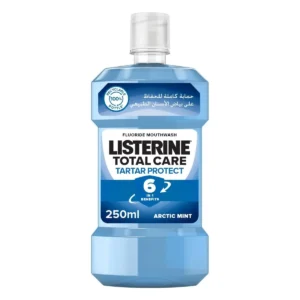 Listerine Total Care Arctic Mint mouthwash provides six benefits for complete oral hygiene, including enamel restoration, gum health, tartar control, and 12-hour germ protection with a refreshing arctic mint flavor, packaged in a recyclable bottle.