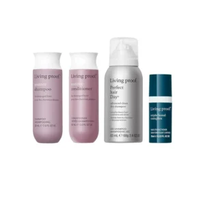 The Living Proof Strong Hair Essentials Kit features travel-sized shampoo, conditioner, Triple Bond Complex and dry shampoo to repair, strengthen, and protect hair, leaving it soft, shiny, and manageable while removing dirt and buildup.