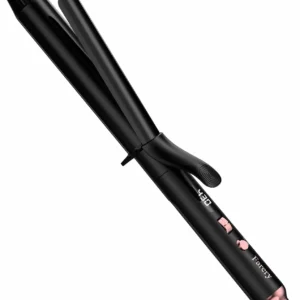 FARERY 1.25 inch long barrel curling iron with ceramic coating infused with argan oil and keratin for long hair, featuring adjustable temperature, styling clips, and a silicone pad.