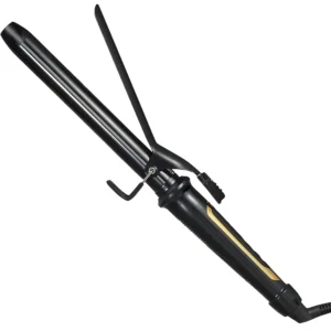 This 1 inch extra long ceramic tourmaline curling iron with a clamp is perfect for creating small to medium curls in long and thick hair, featuring adjustable heat settings and dual voltage for worldwide use.