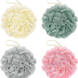 This four pack of colorful loofah bath sponges are soft mesh shower puffs perfect for exfoliating and cleansing skin for both men and women.