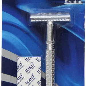 The Lord Sterling razor is crafted with durable metal parts to hold standard double edge blades at the optimal angle for a premium and smooth shave.