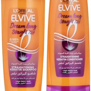 L'Oréal Paris Elvive Dream Long Straight Shampoo and Conditioner set, enriched with micro keratin and black cumin oil to tame long, frizzy hair and make it easier to style, while remaining silicone-free.