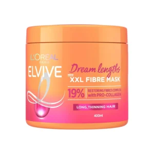 L'Oréal Paris Elvive Dream Lengths XXL Fibre Mask intensely repairs long, damaged, thinning hair, restoring shine and reducing frizz with its Pro-Collagen enriched formula.