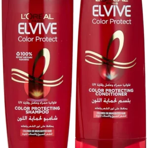 L'Oréal Elvive shampoo and conditioner set for normal to dry hair, enriched with oily flower extracts for nourished and soft hair.