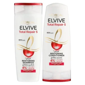 L'Oreal Elvive Total Repair 5 shampoo and conditioner set to repair dry, brittle, damaged hair and split ends for healthier-looking hair.