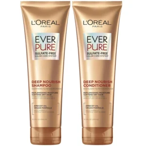 L'Oreal Paris EverCreme sulfate free shampoo and conditioner with apricot oil deeply nourishes and hydrates dry, brittle, or color-treated hair.