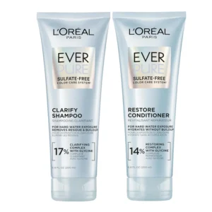 L'Oreal Paris EverPure Clarify and Restore shampoo and conditioner set protects color-treated hair from fading by removing residue and build-up while delivering moisture.