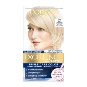 L'Oreal Paris Excellence Creme hair color in Extra Light Ash Blonde provides 100% gray coverage for up to 8 weeks, leaving hair revitalized and radiant.