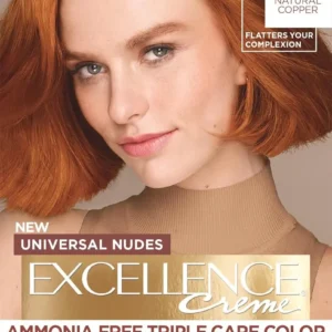 L'Oreal Paris Excellence Universal Nudes 7NR Natural Copper hair dye kit provides 100% gray coverage with a gentle, ammonia-free formula enriched with Pro-Keratin for healthy, vibrant hair.