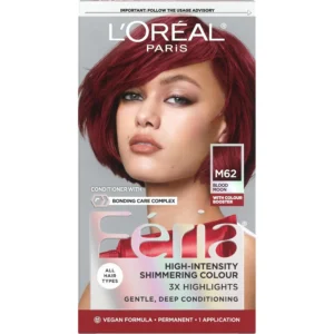 L'Oreal Paris Feria Midnight Bold hair dye in Blood Moon, a one-step permanent hair color kit designed for dark hair, offering multi-faceted shimmering tones without bleach.