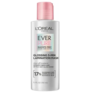 L'Oreal Paris EverPure Glossing Lamination Hair Mask with Glycolic Acid for color-treated hair provides lasting shine and smoothness.