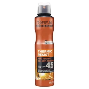 A can of L'Oreal Men Expert Thermic Resist deodorant, offering 48-hour total protection and clean cool freshness.