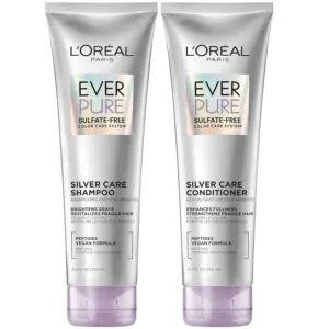 L'Oreal Paris EverPure Silver Care shampoo and conditioner set is a sulfate-free, vegan formula with peptides designed to nourish and brighten gray and silver hair.