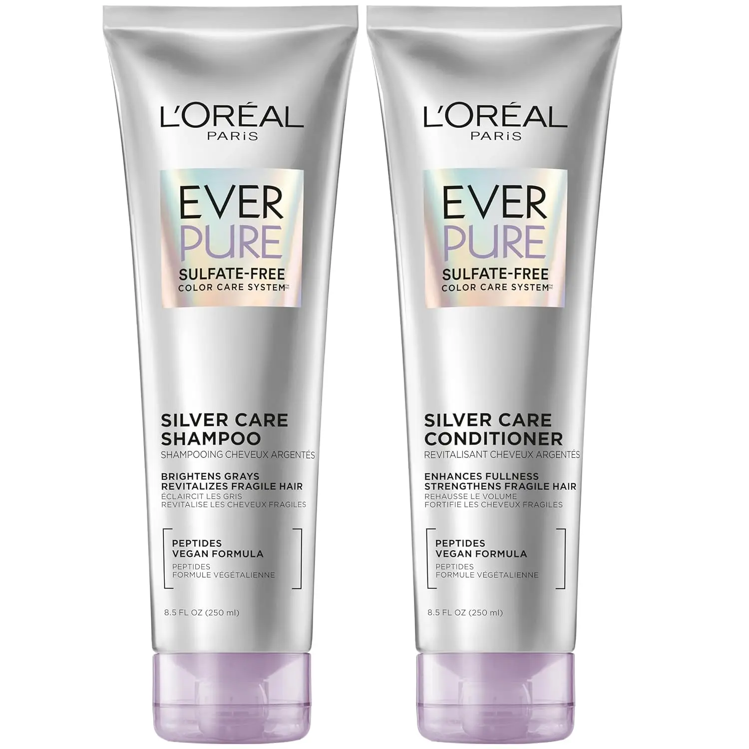 L'Oreal Paris EverPure Silver Care shampoo and conditioner set is a sulfate-free, vegan formula with peptides designed to nourish and brighten gray and silver hair.