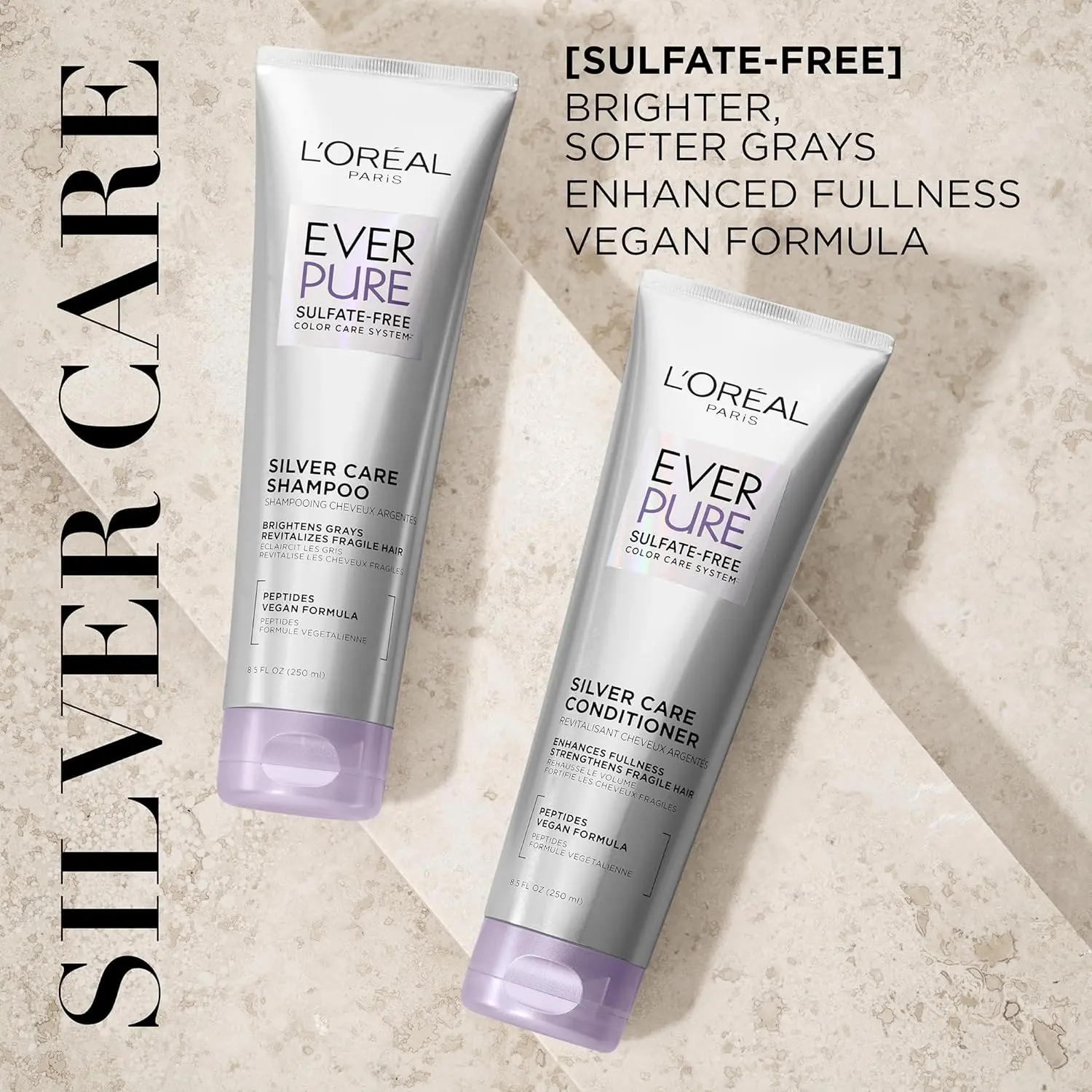 L'Oreal Paris EverPure Silver Care shampoo and conditioner set is a sulfate-free, vegan formula with peptides designed to nourish and brighten gray and silver hair.