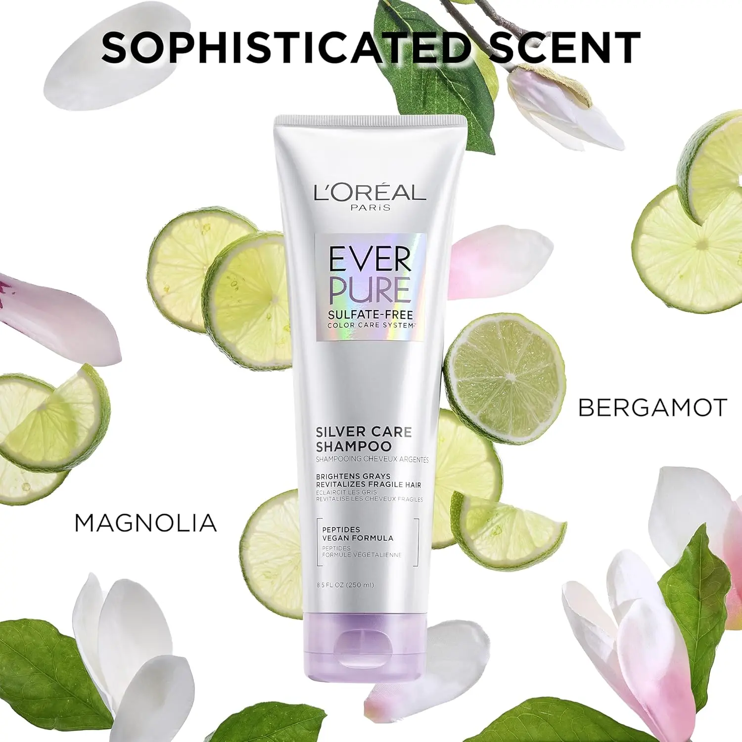 L'Oreal Paris EverPure Silver Care shampoo and conditioner set is a sulfate-free, vegan formula with peptides designed to nourish and brighten gray and silver hair.