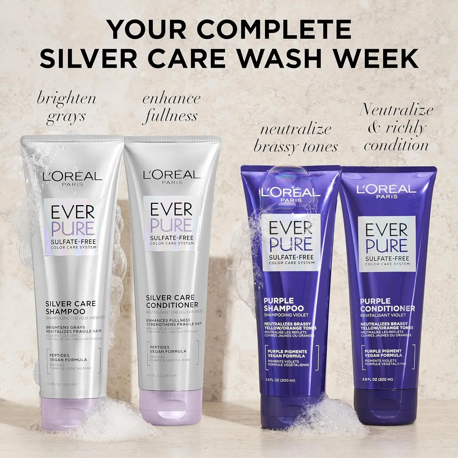 L'Oreal Paris EverPure Silver Care shampoo and conditioner set is a sulfate-free, vegan formula with peptides designed to nourish and brighten gray and silver hair.