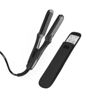 Lovani mini portable flat iron with dual voltage for worldwide travel and LED indicator, featuring tourmaline ceramic plates for quick hair straightening.
