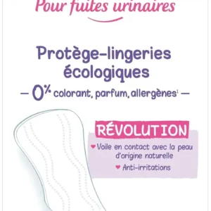 Twenty-eight Love & Green hypoallergenic incontinence pads made with 100% natural origin materials, free of chlorine, perfume, dyes, lotion, allergens, petrolatum, and paraffin, and dermatologically tested for sensitive skin.