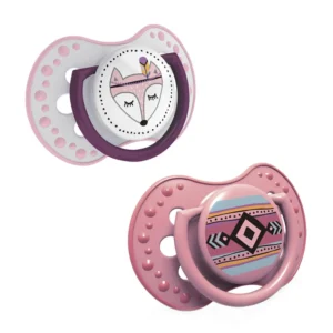 Two LOVI Dynamic Indian Summer pacifiers for babies aged 6-18 months, featuring a silicone teat and hygienic cover to ensure easy breathing and prevent skin irritation.