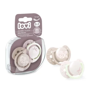 Lovi 0-2 months baby girl pacifier with dynamic silicone teat designed to not interfere with suction, prevent bite reflexes, and ensure easy breathing while supporting correct oral development.