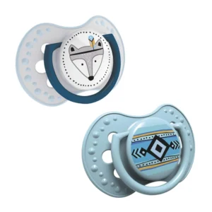 Two LOVI Dynamic silicone soothers in blue and pink Indian Summer designs, packaged in a transparent storage box for babies aged 6-18 months.