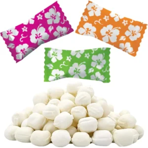 Bag of Luau Hibiscus flavored creamy butter mint candies, individually wrapped, ideal for party favors and after-dinner treats.