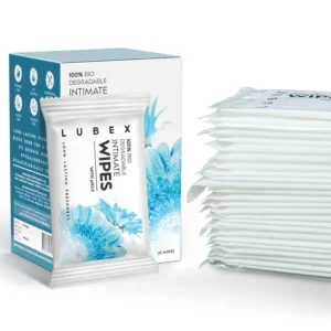 Individually wrapped Lubex feminine cleansing wipes made with Aloe Vera, Tea Tree & Vitamin E for pre and post intimacy cleaning, period, travel, UTI prevention, and post-workout freshness.