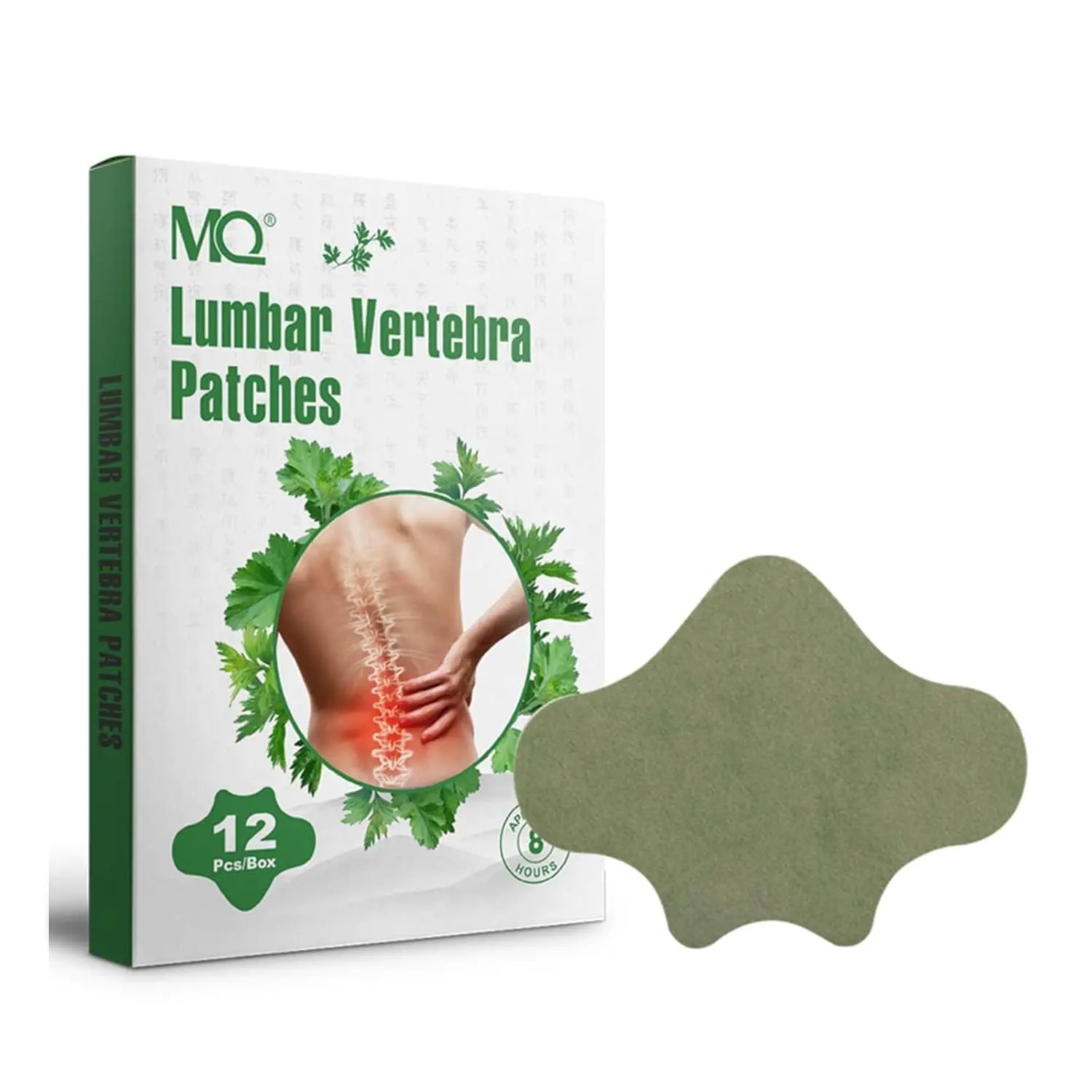 Twelve lumbar heat patches with herbal extracts offer long-lasting, deep penetrating warmth for back, knee, neck, and shoulder pain relief.