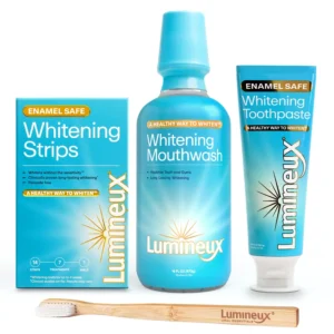 The Lumineux teeth whitening kit includes whitening strips, toothpaste, mouthwash, and a bamboo toothbrush for a brighter, healthier smile without sensitivity.