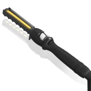 Lura professional hot comb straightens hair roots and edges, featuring adjustable temperature and anti-scald shield for safe and effective styling on thick, Black hair.