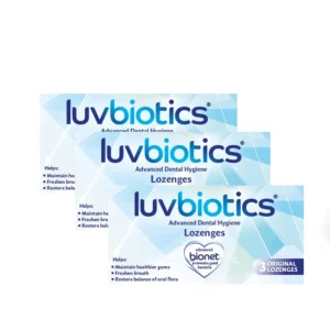 LUVBIOTICS dental lozenges with probiotics, xylitol, and aloe vera help maintain healthy gums, freshen breath, and prevent tooth decay by balancing oral flora.
