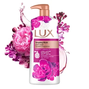 A bottle of LUX Tempting Musk Body Wash infused with Everscent Essential Oil, providing a long-lasting opulent musk and peony fragrance for all skin types.