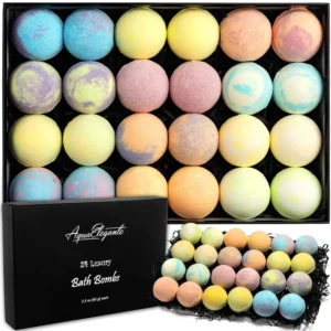 This luxurious bath bomb set includes 24 individually wrapped bath bombs with long-lasting fragrances from essential and fragrant oils, designed to moisturize and provide a silky, relaxing bath experience, and makes a perfect gift for women.