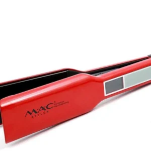 Red Mac Styler professional corded electric hair straightener with ceramic plates and LCD display.